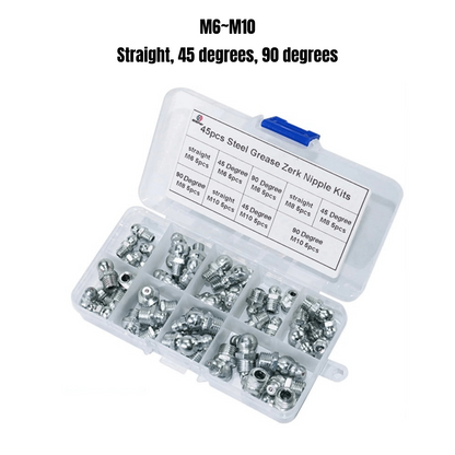 45pcs Steel Grease Nipple Kit [Straight, 45 degrees, 90 degrees]