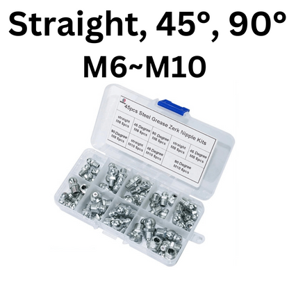 45pcs Steel Grease Nipple Kit [Straight, 45 degrees, 90 degrees]